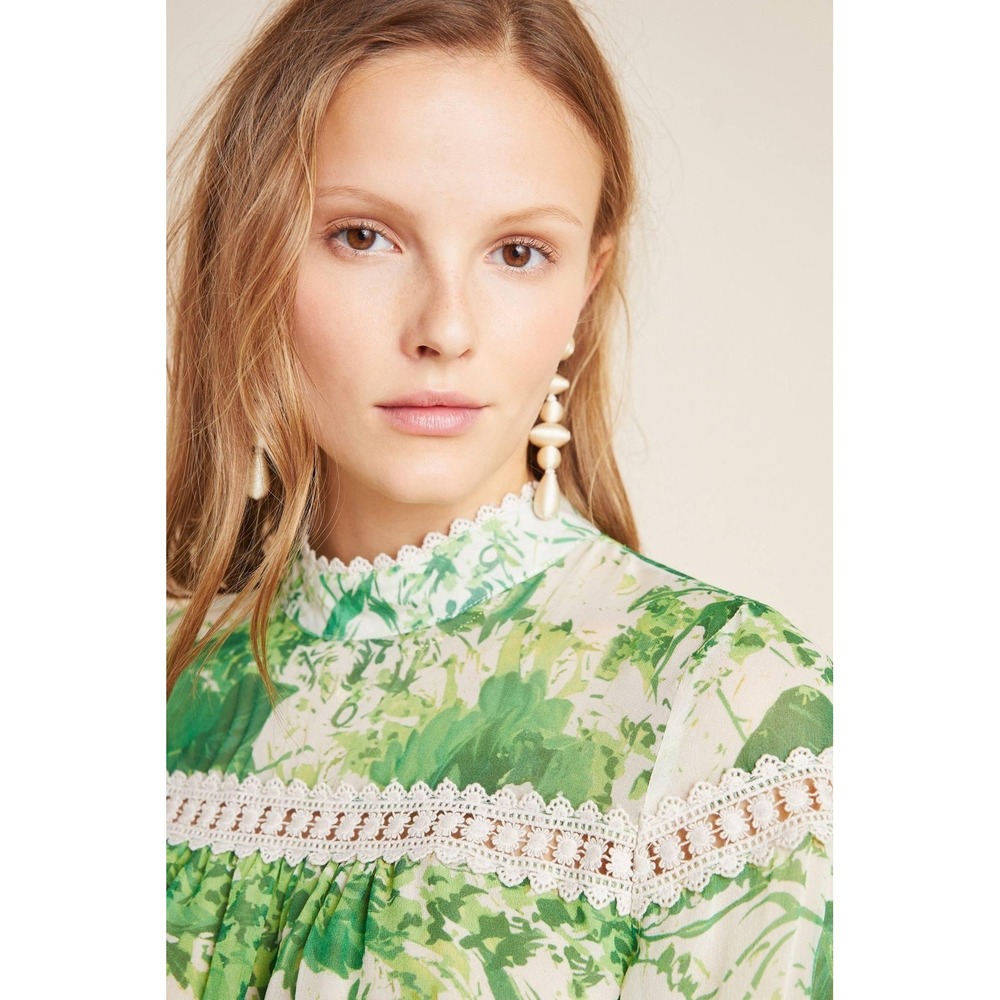 Hope For Flowers By Tracy Reese Angelina Peasant Blouse Womens 10 Green Silk - Picture 3 of 16